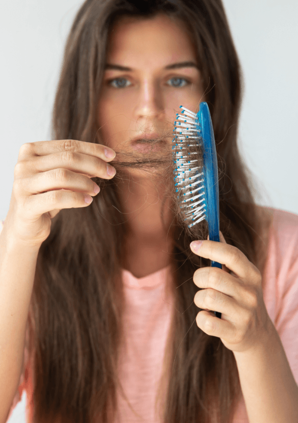 Donna con capelli lunghi che guarda preoccupata una spazzola piena di capelli, illustrando la perdita di capelli e l'importanza degli shampoo anticaduta per prevenirla.