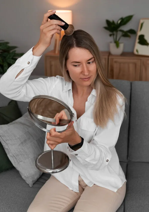 Donna con camicia bianca applica un prodotto cosmetico sui capelli usando un pennello, mentre si guarda in uno specchio.