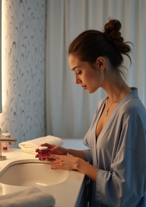 Donna che esegue la sua skincare notturna con crema idratante davanti al lavandino.