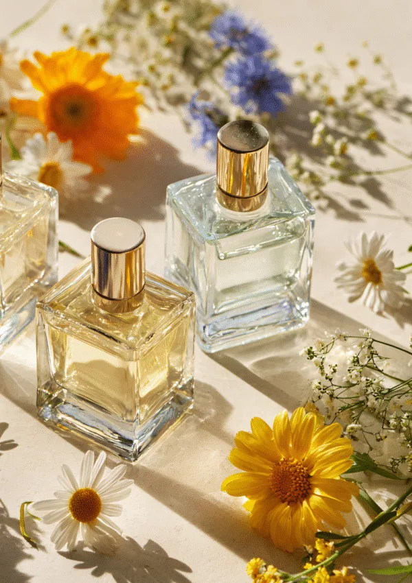 Profumi gourmand donna 2025/2026 con note dolci e avvolgenti, flaconi eleganti fotografati con fiori freschi